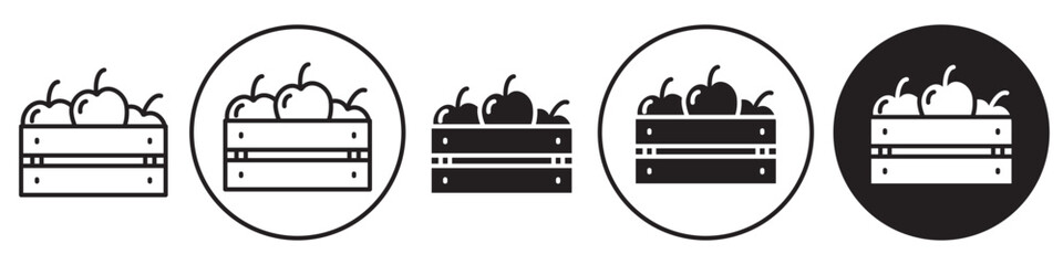 Wall Mural - Harvest Wooden Box Icon. Symbol of farm crop harvest in container for cargo shipping of fruits and vegetable with packaging. Vector set collection of crate or basket of grocery item produce