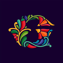 Letter G logo with Mexican colorful and ornate ethnic pattern. Traditional Aztec leaves and flowers embroidery ornament.