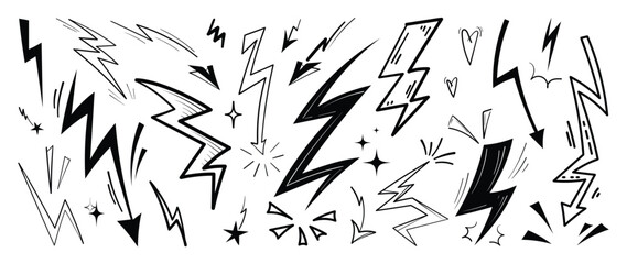 Wall Mural - Set of thunderbolt doodle element vector. Hand drawn doodle style collection of different electric lightning bolt symbol. Illustration design for print, cartoon, card, decoration, sticker, icon.