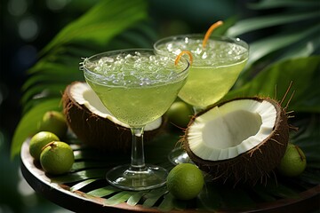 Summer tropical cocktail in fresh green coconut with two colorful umbrellas on palm tree leaves background Generative AI