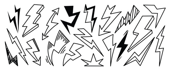 Wall Mural - Set of thunderbolt doodle element vector. Hand drawn doodle style collection of different electric lightning bolt symbol. Illustration design for print, cartoon, card, decoration, sticker, icon.
