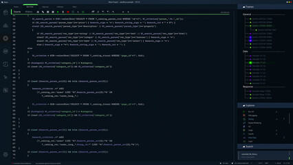 Developer Software Code Mock-up with Generic Programming Language. Dark Interface With Multiple Prompts On Monitor. Night Mode Template for Desktop Computer Displays and Laptop Screens.