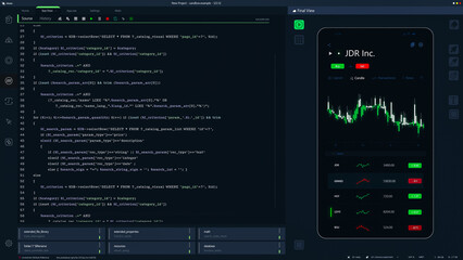 Fototapete - Dark Programming Interface for Mobile Applications UX, UI Development With Lines of Code. Coding Process Behind Investment Platform App Design. Template for Desktop Computer Displays, Laptops.