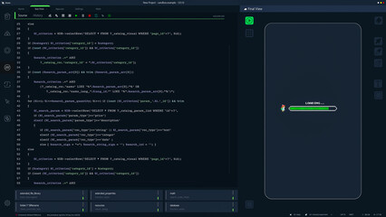 Fototapete - Dark Programming Interface for Mobile Applications UX, UI Development With Lines of Code. Coding Process Behind Mobile 8 Bit Game Design. Template for Desktop Computer Displays and Laptops.