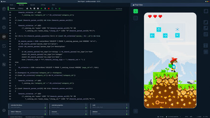 Fototapete - Dark Programming Interface for Mobile Applications UX, UI Development With Lines of Code. Coding Process Behind Mobile 8-Bit Game Design. Template for Desktop Computer Displays and Laptops.