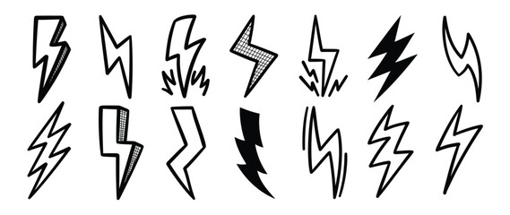 Wall Mural - Set of thunderbolt doodle element vector. Hand drawn doodle style collection of different electric lightning bolt symbol. Illustration design for print, cartoon, card, decoration, sticker, icon.