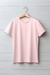 Wall Mural - Pln light pink female color mockup on neutral background. Crowneck tshirt for your design, front view.