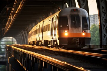 Poster - Electric train travels on rails.