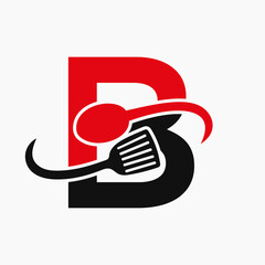 Wall Mural - Letter B Restaurant Logo Combined with Spatula and Spoon Icon