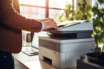 Businessman print paper on a multifunction laser printer in business office. Document and paperwork. Secretary work. Copy, print, scan, and fax machine. Print technology. Photocopy.