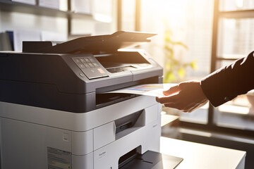 Businessman print paper on a multifunction laser printer in business office. Document and paperwork. Secretary work. Copy, print, scan, and fax machine. Print technology. Photocopy.