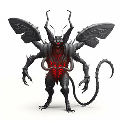 Wall Mural - Insectlike Monster with horns and wings. Isolated on white background. Generative AI.