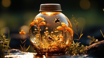 Poster - A cute lilly honey bottle with bee sat inside of a glass ball, in the style of uhd image, precisionist art, 