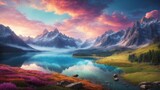 Fototapeta  - an image of a breathtaking mountain landscape, with towering peaks, serene lakes, and rolling meadows, capturing the grandeur of nature