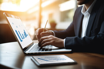 Poster - businessman use laptop and tablet analyzing company growth, marketing, finance, accounting, and plan