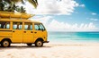 yellow van on the tropical beach, summer vibes background