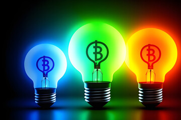 Three light bulbs of three colors on a dark background