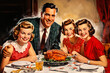 Vintage drawing of a 1950s family gathered around the dinner table for Thanksgiving 