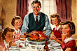 Vintage drawing of a 1950s family gathered around the dinner table for Thanksgiving 