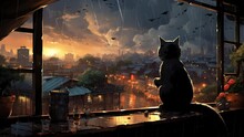 Whispers Of Rain: Cats Overlooking The City. High-Quality 4K Animated Backgrounds. Seamless Loop Video.
