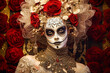 Femme déguisée avec le visage maquillé en tête de mort - Halloween - Générative IA