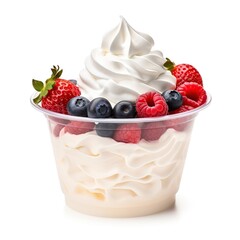 Wall Mural - Whipped cream dessert with berries in plastic cup isolated on white background ,Generative AI