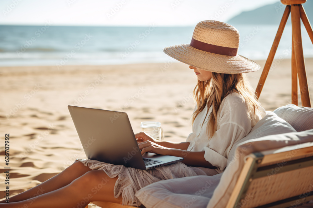A woman working on a laptop while laying on the beach Stock Photo ...