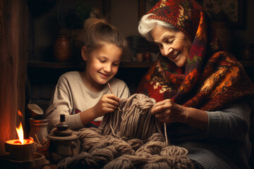 Wall Mural - A senior woman in winter scarf and grey sweater working on yarn with a young girl near candle at night