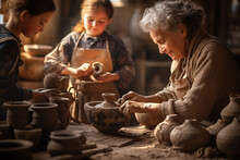 A Caucasian Senior Old Woman Working On Pottery In Work Shop With Kids, Old Woman In Clay Art Classes 