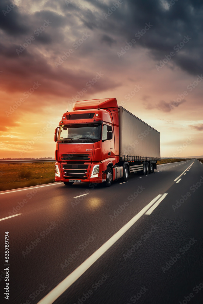 Loaded European truck on motorway in red, orange sunset light. On the ...