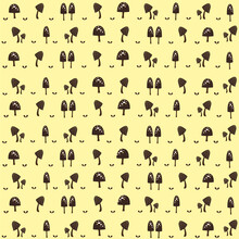 Yellow Wallpaper With A Variety Of Cute Cartoon Mushrooms Seamless