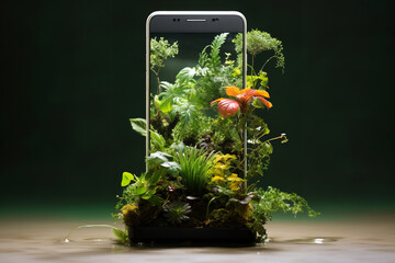 Canvas Print - A smartphone where real plants sprout from its screen, symbolizing the harmonious fusion between technology and the natural world