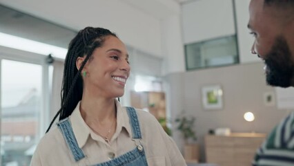 Poster - Face, dance and a couple laughing in the living room of their home together for romance. Love, smile or comedy with a funny man and woman moving to music in their house to relax for happy freedom