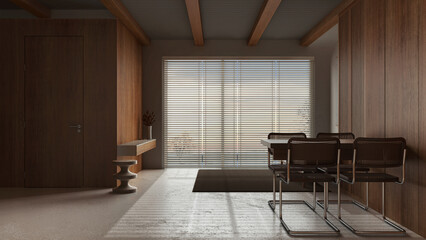 Wall Mural - Dark late evening scene, minimal dining and living room with resin floor. Beams ceiling, table, sofa and panoramic window. Japandi interior design