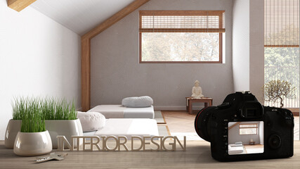Aufkleber - Architect photographer designer desktop concept, camera on wooden work desk with screen showing interior design project, blurred scene in the background, minimal meditation room