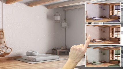 Aufkleber - Architect designer concept, hand showing meditation room colors in different options, top view, above, plan, interior design project draft, color picker, material sample