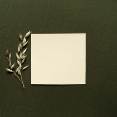 Wall Mural - Blank greeting card, invitation and envelope mockup. Minimal floral frame made of dry spikelets. Flat lay, top view. Happy mother's day, women's day or birthday, wedding composition.