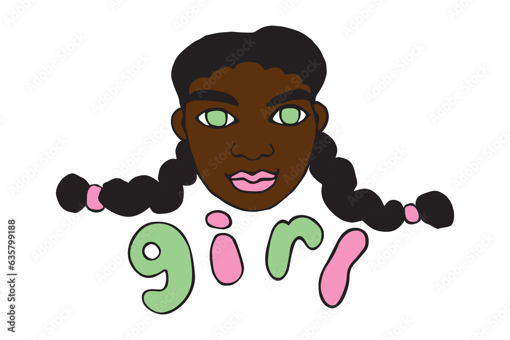 Hand drawn girl head with two braids, face kid in cartoon doodle flat