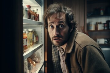 Hungry man sees empty refrigerator and is nervous about lack food due to poverty and financial crisis. Young embarrassed guy looks into refrigerator compartment surprised by lack products on shelves