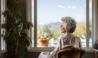 Wall Mural - Lonely Pensive mature woman sit in living room look in distance window thinking of lonely life, thoughtful elderly female rest at home feel melancholic, miss old days, solitude concept