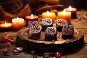 Rune stones with symbols and candles on a wooden table