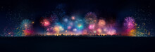 Generative AI Of Festival Fireworks Display Over The City At Night Scene. Abstract Colorful Firework Display For Holiday And Celebrations In The Starry Night Sky, Copy Space For Text.