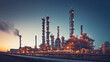 © Nakron - Oil refinery plant for crude oil industry on desert in evening twilight, energy industrial machine for petroleum gas production background, Generative AI