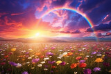 Fototapeta Natura - A colorful field of flowers under a dramatic sky.