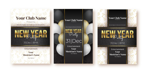 Wall Mural - New Year party flyer design decorated with baubles, balloons, star particles and golden ribbons