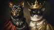 Cat, Dog, Emperor, Royal, King, Queen, Couple, Portrait, Medieval, Renaissance. KING PUPPY DOG AND QUEEN KITTY. A portrait of a royal couple of feline emperors dressed up in perfect Middle Ages style.