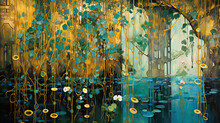 Beautiful Nature Scene With Reflection On The Water And A Spot Of Sunlight Shining Through The Hanging Branches. High Resolution Panoramic Wall Art In Art Nouveau Style.