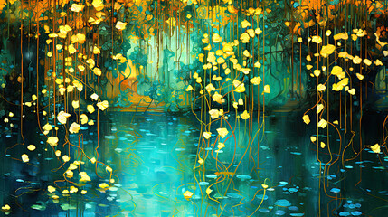 Wall Mural - Beautiful nature scene with reflection on the lake and a spot of sunlight shining through the hanging branches. High resolution panoramic wall art.