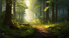 A Quiet Forest Path Illuminated By Sunlight, Background