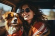 Happy woman with dog travel summer by car in vacation. Generative AI